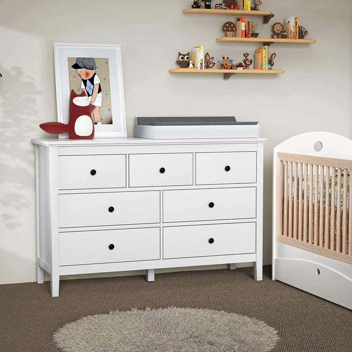 White 7-Drawer Modern Dresser with Solid Wood Legs