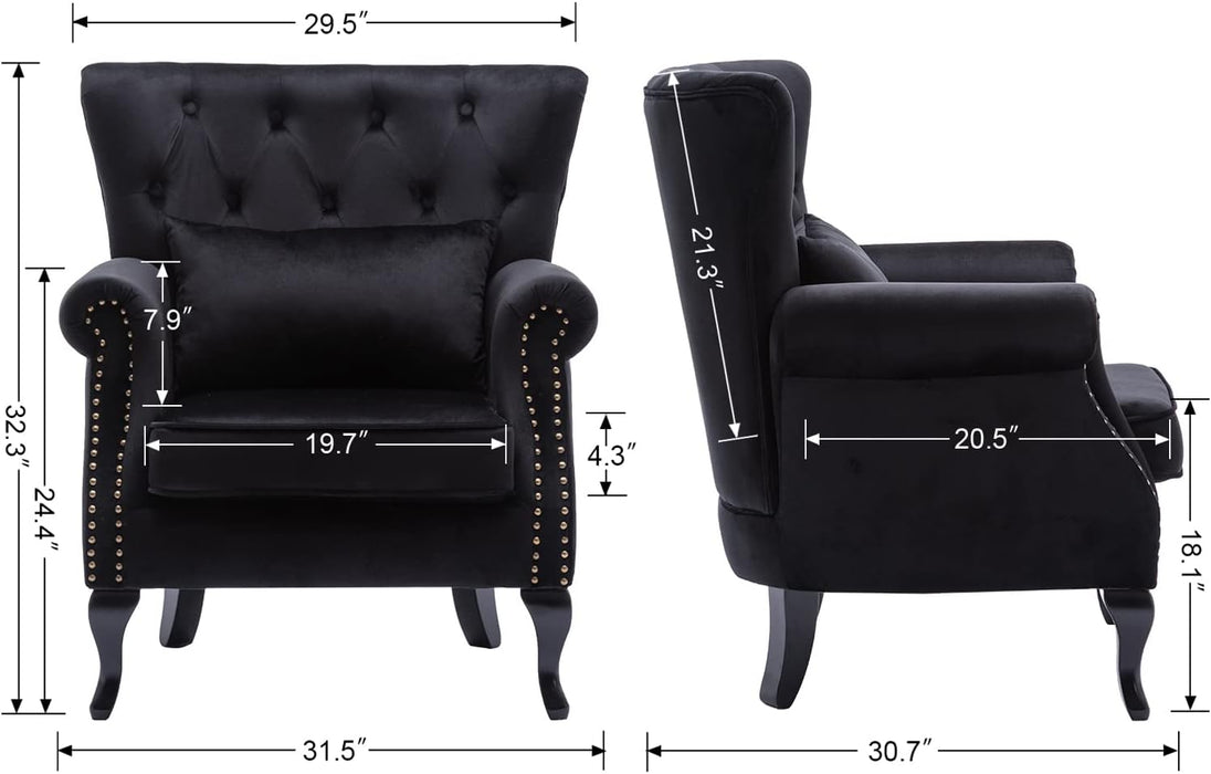 Black Velvet Wingback Chairs with Pillows (Set of 2)