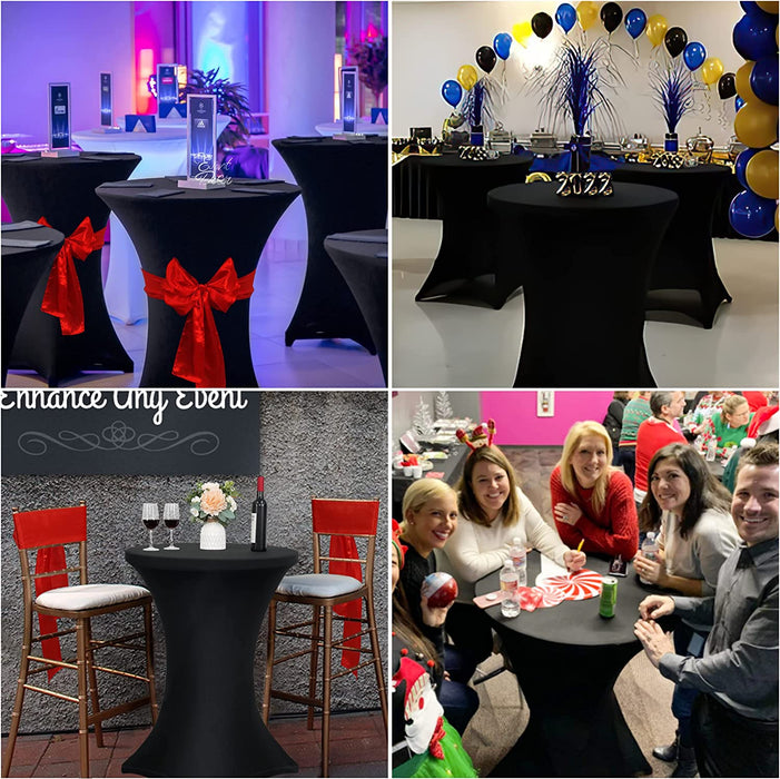Black Spandex Cocktail Table Covers with Red Satin Belts