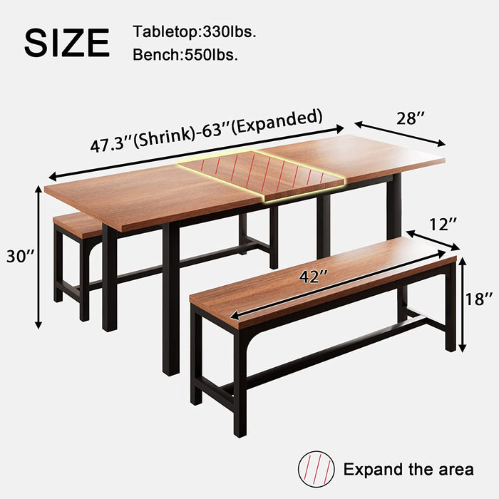 3-Piece 63″ XL Large Dining Table Set for 6-8 People