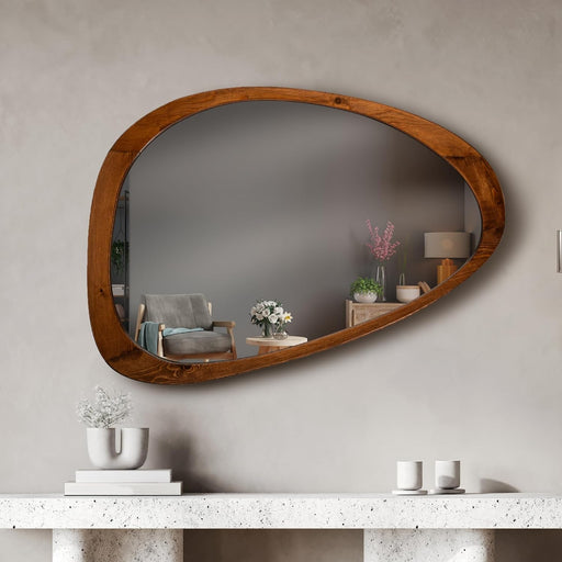 44"X30" Asymmetric Irregular Wall Mirror, Wooden Framed Decorative Mirror for Livingroom Bedroom Bathroom Entryway over Sink Vanity, Horizontally or Vertically Wall Mounted, Natural, NOVA