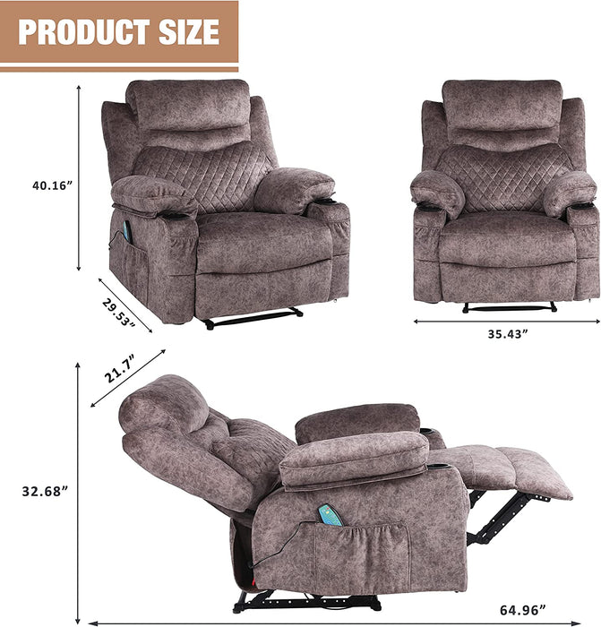 Massage Recliner Chair with Heat, Cup Holders, Brown Faux Leather