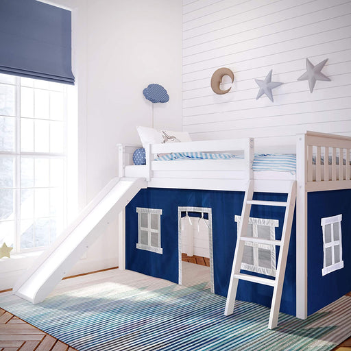 Low Loft Bed for Kids with Slide and Curtains, White/Blue