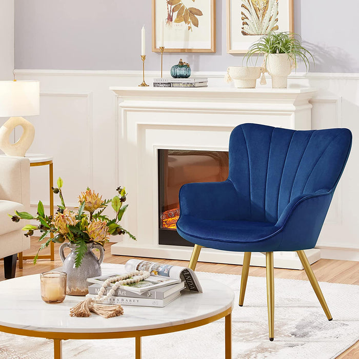 Modern Blue Velvet Wingback Chair with Metal Legs