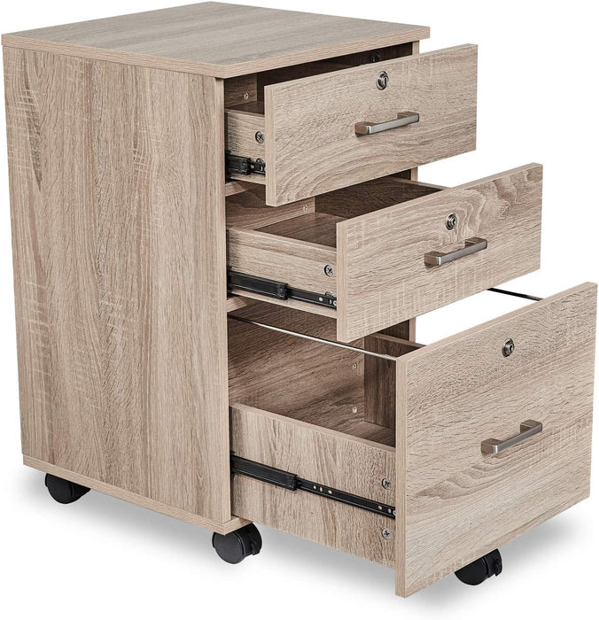 Mobile Oak File Cabinet with Lock, 3 Drawers