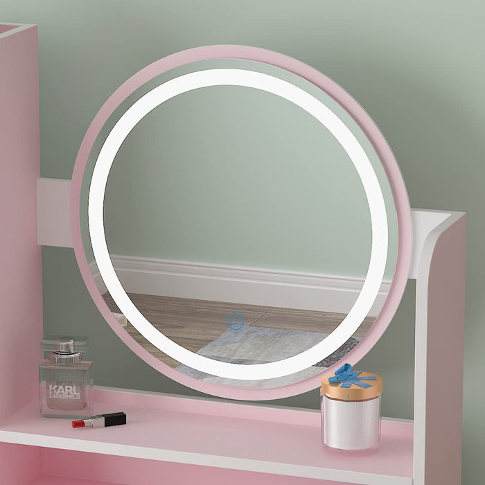 Vanity Set with round Mirror, 5 Drawers, Shelves (Pink)