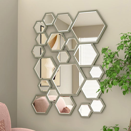 KOHORS Modern Hexagon Wooden Framed Wall Mirror for Living Room,Bedroom,Entryways,Home Decor(W 31.4" X H 23.6" Honey Comb)