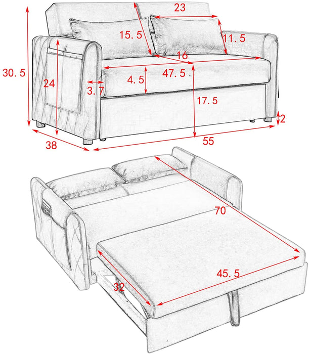 Adjustable Velvet Sleeper Sofa with Arm Pockets