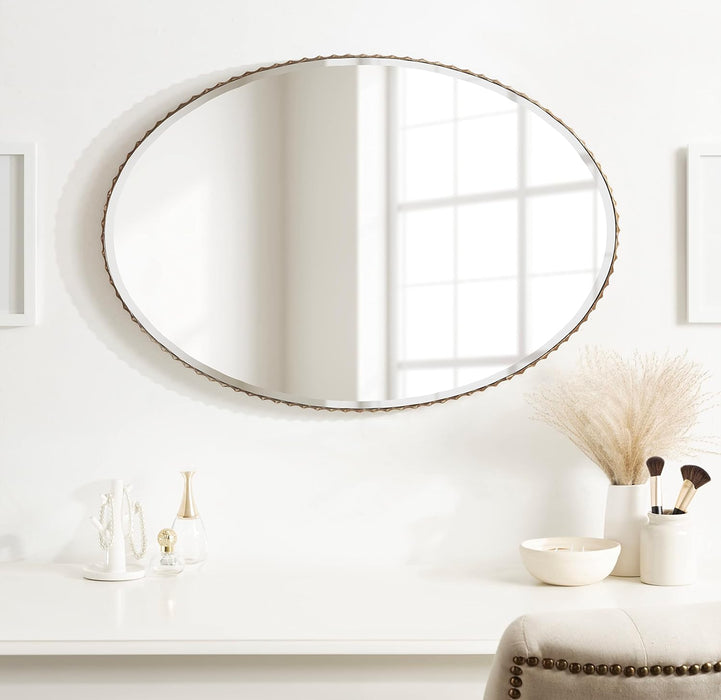 Elmora Glam Oval Fluted Wall Mirror, 23 X 32, Gold, Rounded Bathroom Mirror with Beveled Edge for Use as Vertical or Horizontal Mirror