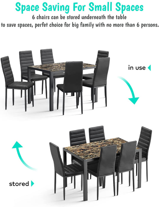 7-Piece Glass Dining Table Set for 6, PU Leather Chairs