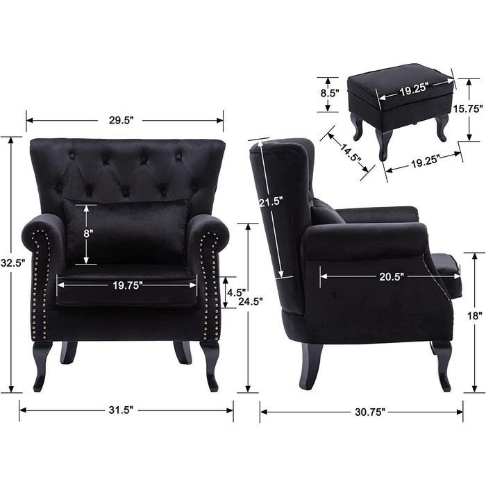 Black Velvet Wingback Chair with Ottoman Set