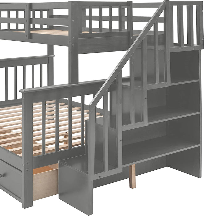 Twin over Full Bunk Bed with Stairs, Grey