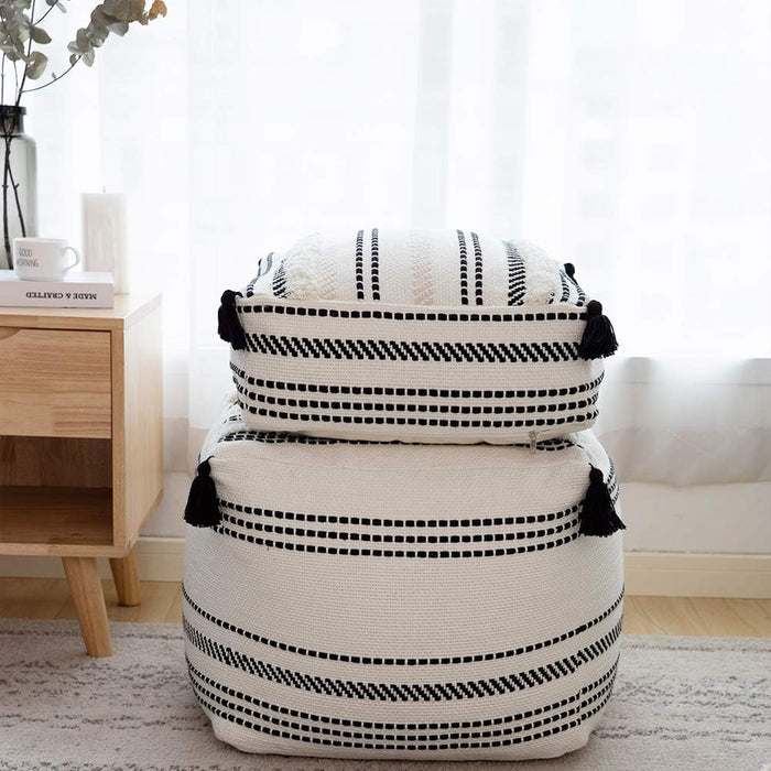 Moroccan Striped Pouf with Tassels (18X18X16)