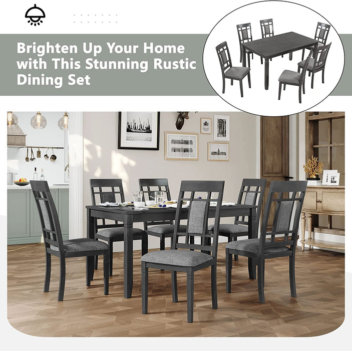 Rustic 7-Piece Dining Room Table Set with Upholstered Chairs, Gray