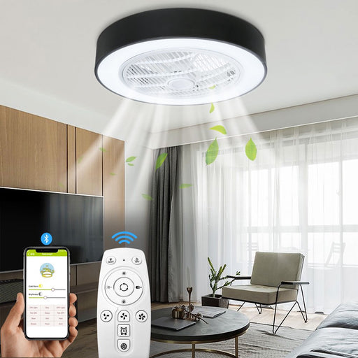 TCFUNDY 23" LED Ceiling Fan Light Kit, Enclosed Low Profile Fan, Brightness & Color Temperature Stepless Changed Semi Flush Mount Fandelier with Invisible Blades, Black