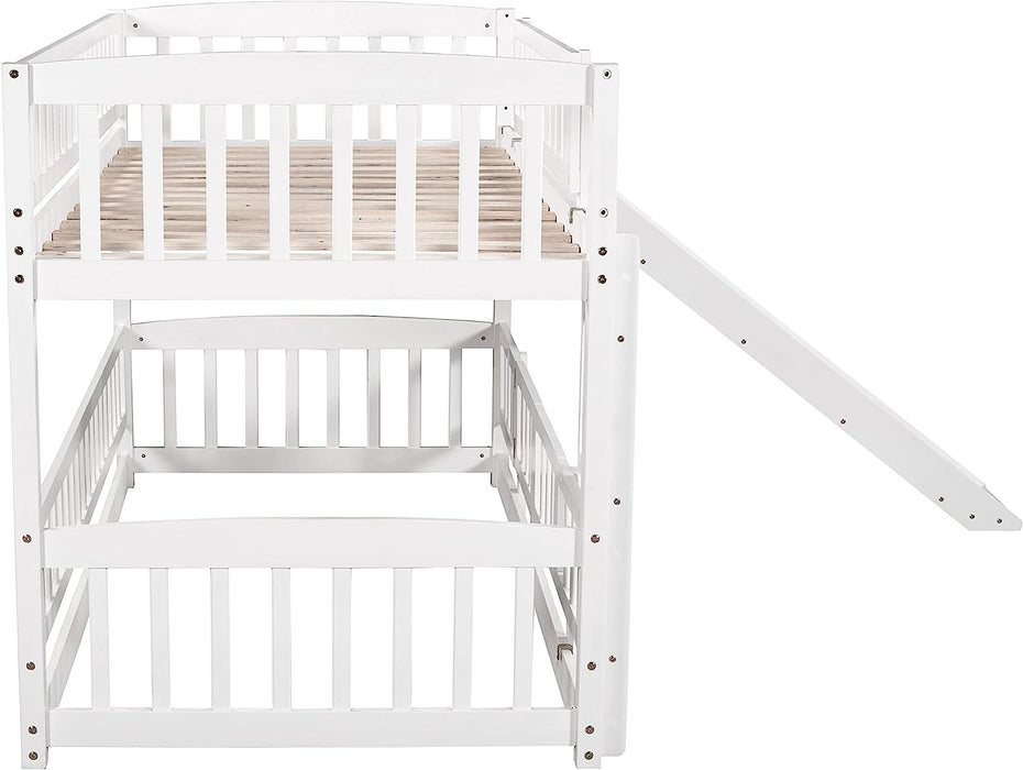 Twin Low Bunk Bed with Openable Fence and Slide, White