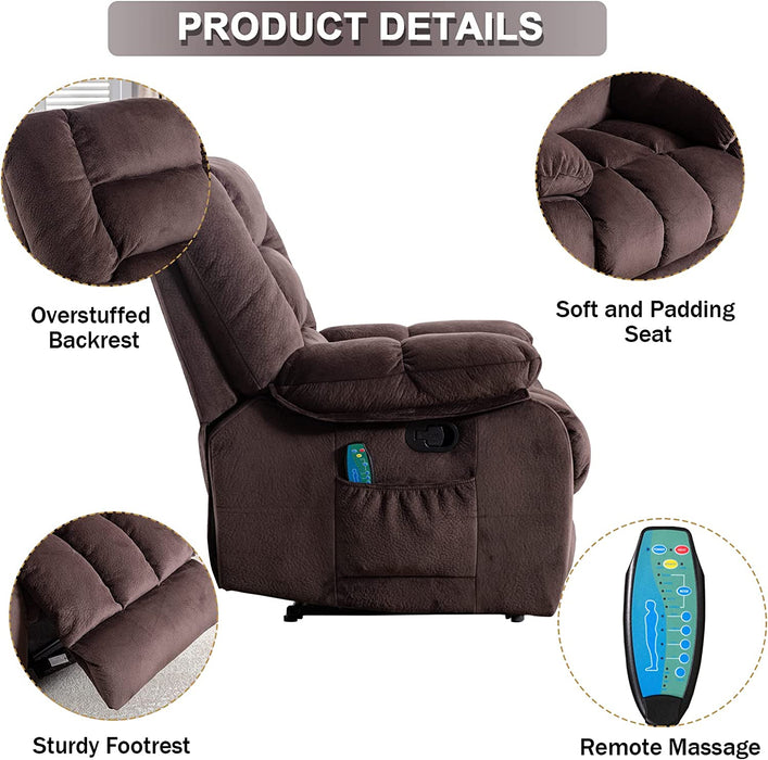 Massage Recliner Chair with Heat and Overstuffed Fabric (Brown)