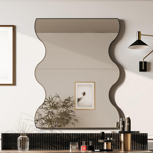 Black Metal Framed Bathroom Mirror for Wall 30X35 Inch Irregular Wall Mirror Vanity Mirror with 2 Wavy Sides Wavy Mirror for Bathroom Living Room Bedroom Wall Decor (Black, 29.52"*1.18"*35.43")