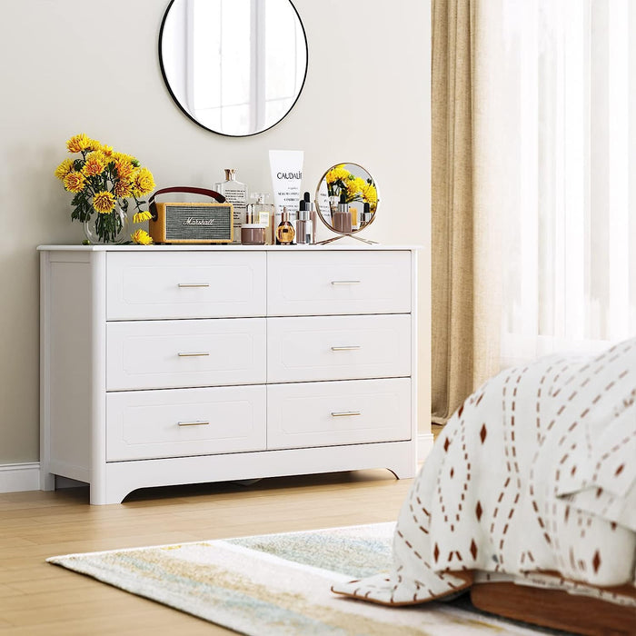 6 Drawer Dresser with Metal Handles, White