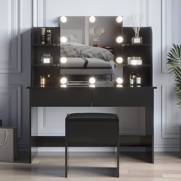 Large Vanity Set with 10 Lights Bulbs, 2 Drawers (Black)