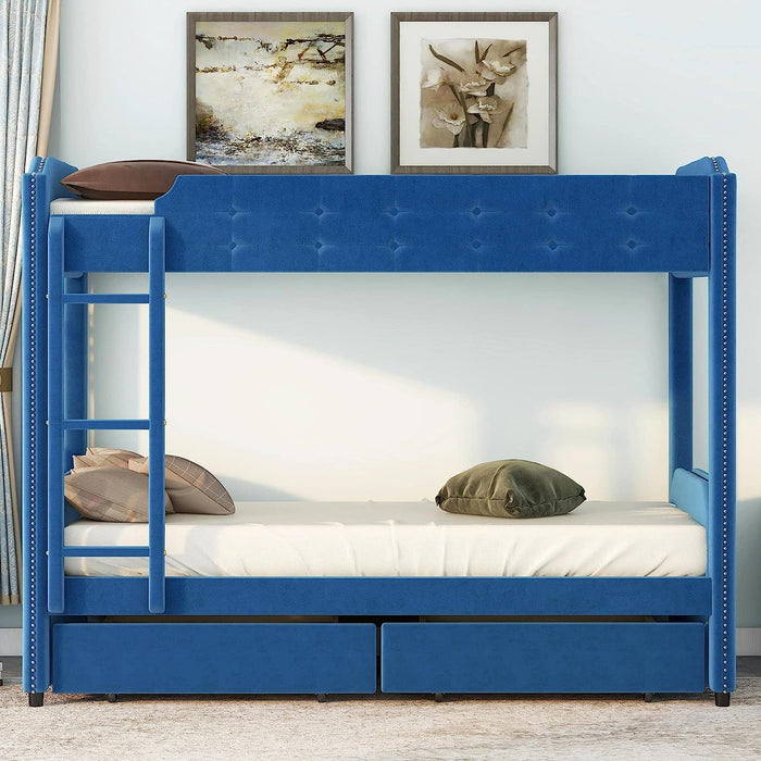 Upholstered Twin Bunk Bed with Drawers, Blue