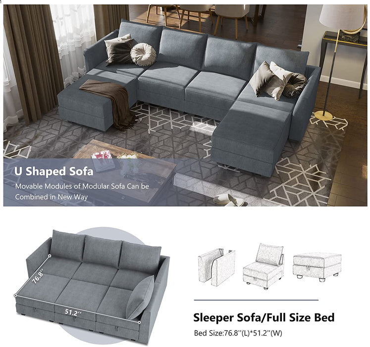 Modular Sleeper Sofa with Reversible Chaise and Ottomans