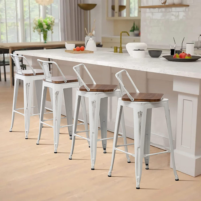 Swivel Counter Height Barstools with Wooden Seat, Set of 4, Distressed White