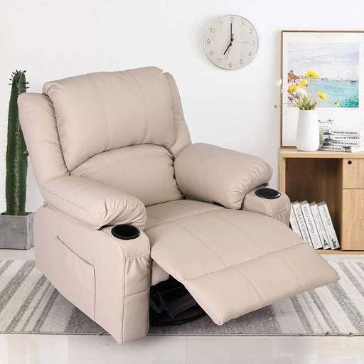 Leather Rocker Recliner Chair with Massage, Swivel, Drink Holders, Khaki