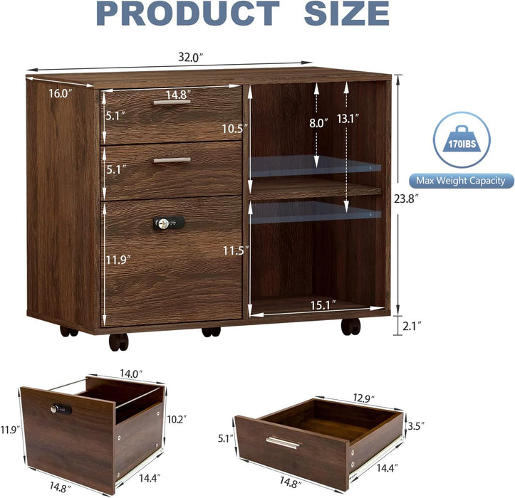 Brown 3-Drawer File Cabinet with Lock