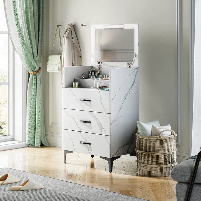 White Dresser with Antique Handles and Makeup Organizer