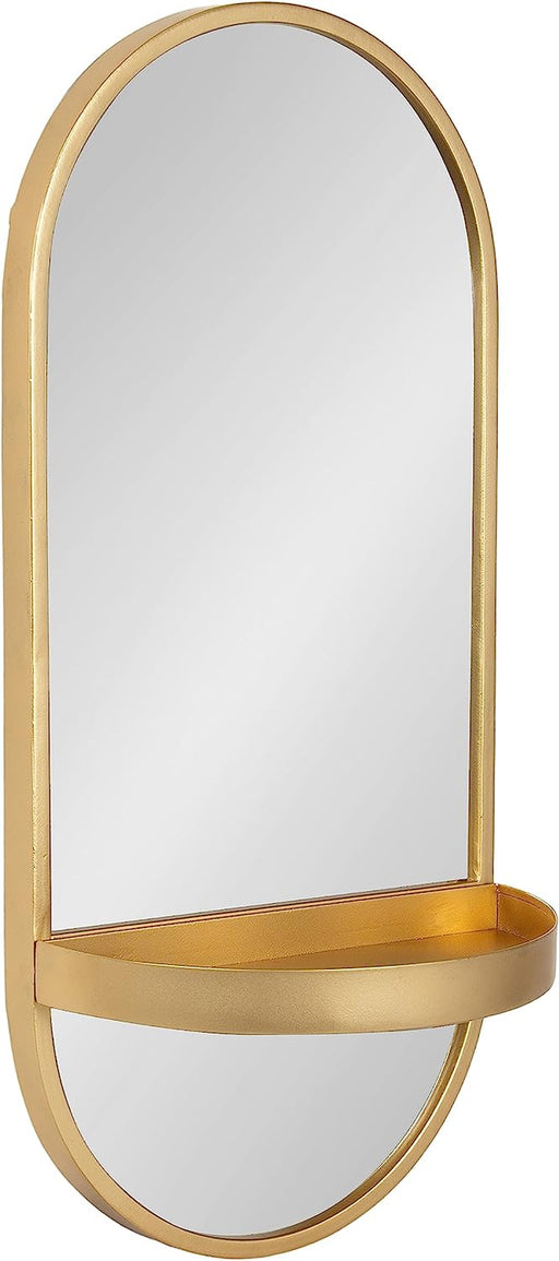 Estero Modern Metal Oval Mirror with Rounded Shelf, 11 X 25, Gold, Decorative Modern Glam Capsule Shelf Mirror for Storage and Display