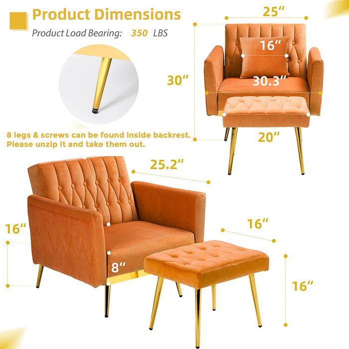 Velvet Accent Chair with Adjustable Armrests, Orange