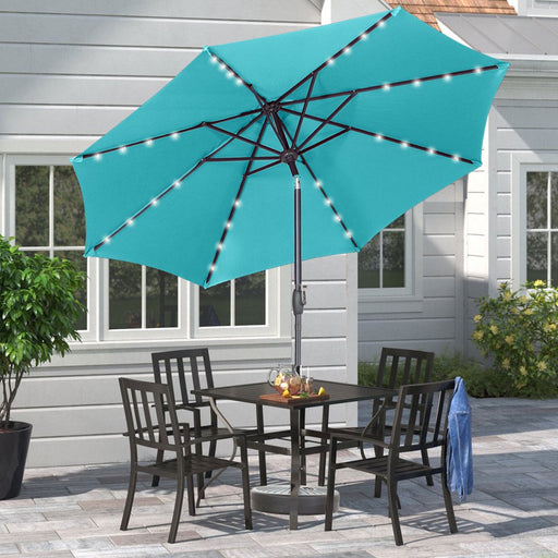 9Ft Outdoor Patio Solar Powered Umbrella with 32 LED Lights 8 Sturdy Ribs ,Table Market Umbrella with W/Tilt Adjustment and Crank for Garden,Deck,Backyard,Pool(Blue)
