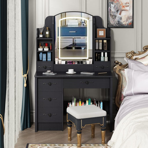 Black Vanity Desk with Lighted Mirror & 6 Drawers