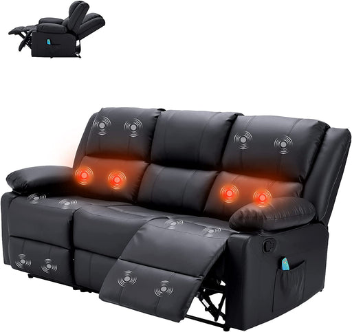 3 Seats Recliner Chair, Overstuffed Recliner Sofa with Massage and Heat Function, Modern Manual Control Faux Leather Couch, Theater Lounge Seat with Side Pockets,Black