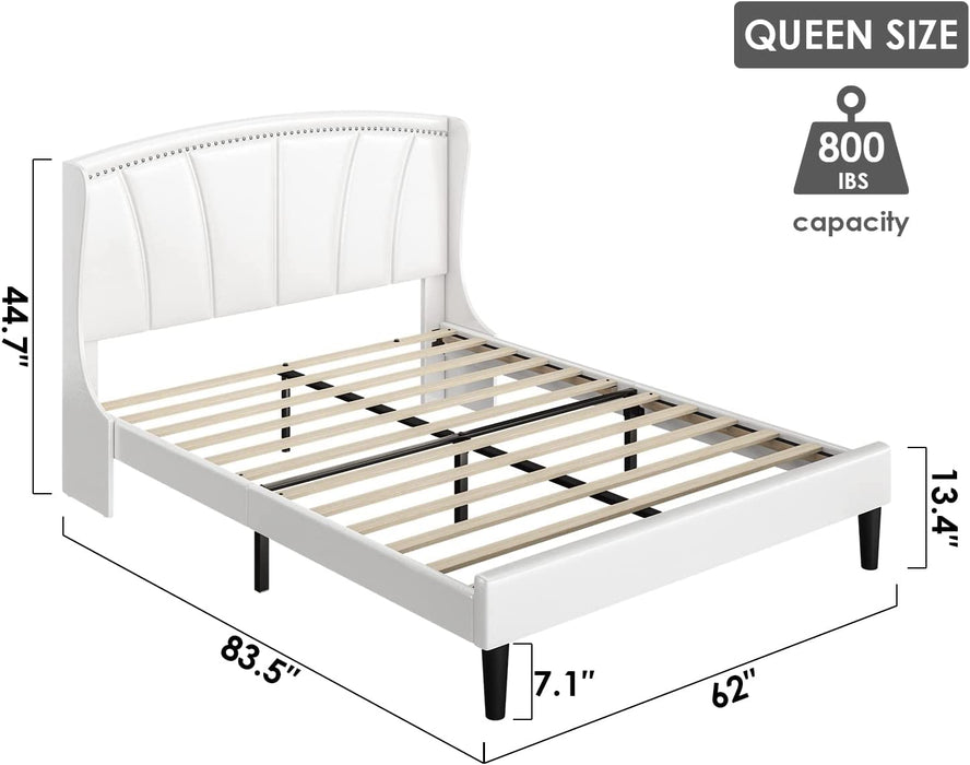 Queen Faux Leather Upholstered Platform Bed Frame with Wingback Headboard