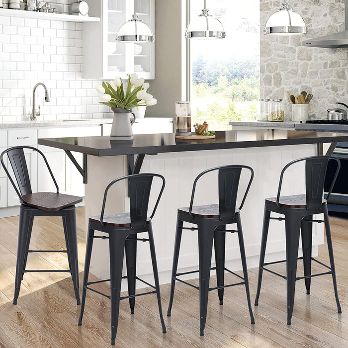 High Back Swivel Metal Barstools, Set of 4, Matte Black, 26 Inch