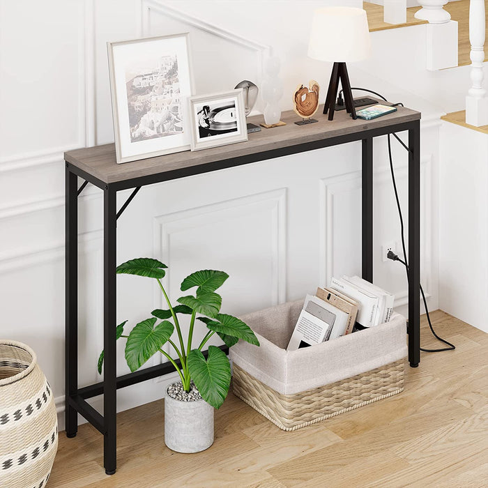 Industrial Grey Console Table with Charging Station