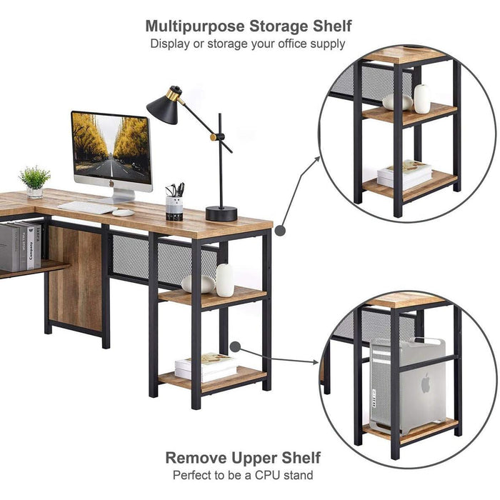 Rustic Industrial L-Shaped Office Desk with Shelves