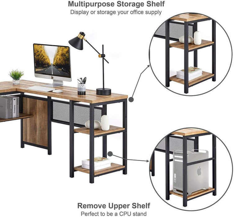 Rustic Industrial L-Shaped Office Desk with Shelves