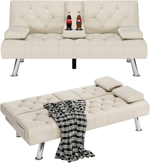 Convertible Futon Sofa Bed with Cupholders and Armrests