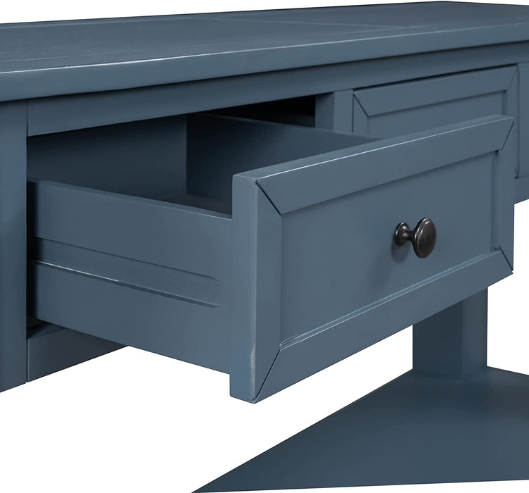 Blue Console Table with Drawers and Shelf