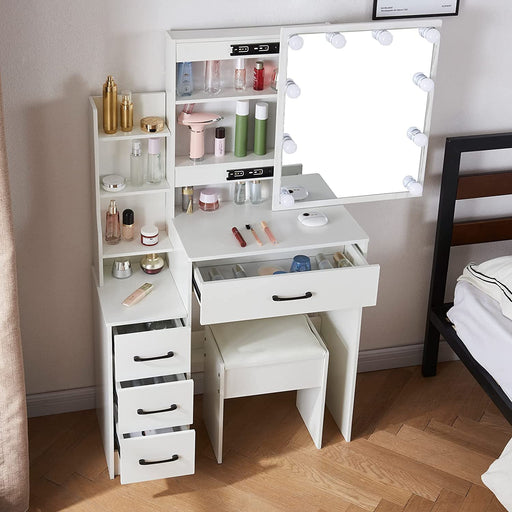 White Makeup Vanity with Lighted Mirror and Drawers