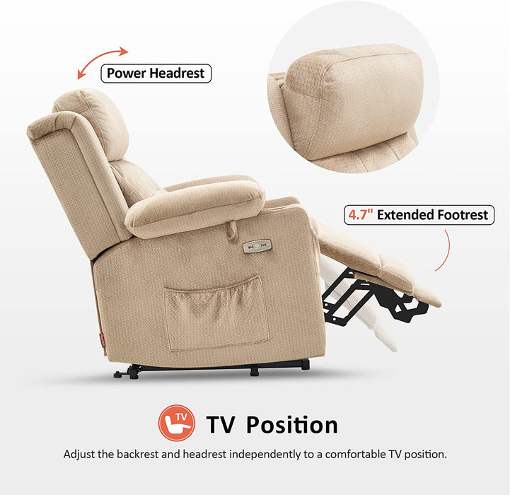 Lay Flat Lift Recliner with Power Headrest, Massage and Heat, Fabric, Beige, Small