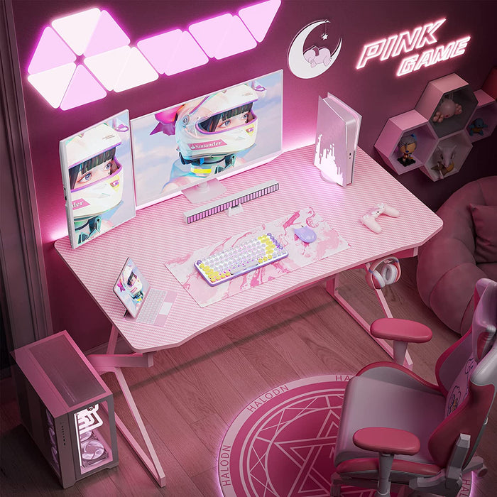 Pink Carbon Fiber Gaming Desk with Headphone Hook