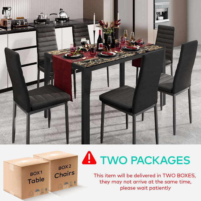 7-Piece Glass Dining Table Set for 6, PU Leather Chairs