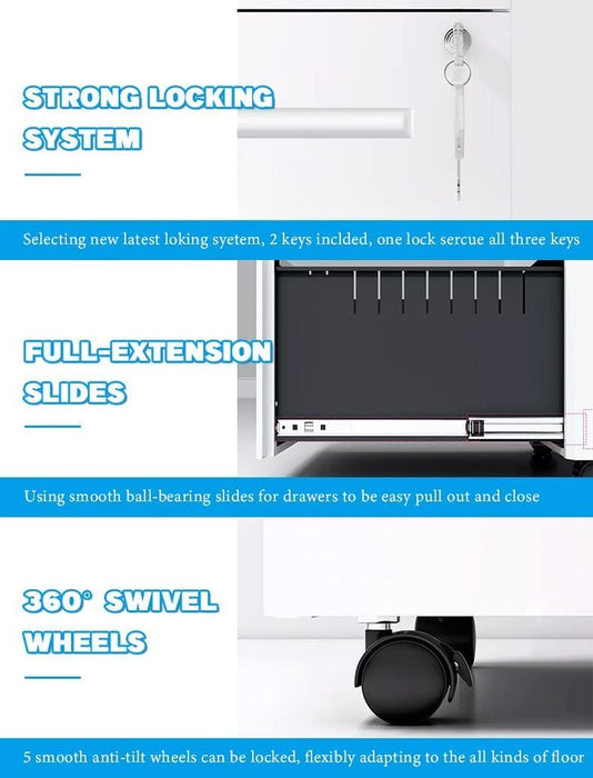 White 3-Drawer Locking File Cabinet on Wheels