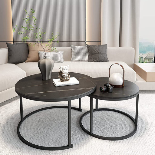 Round Sintered Stone Coffee Table Set of 2, Black/White