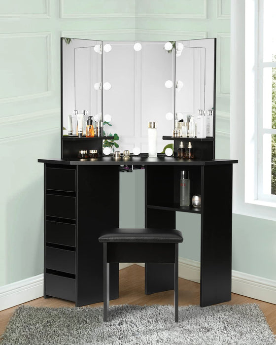 Black Vanity Desk with Mirror and Lights