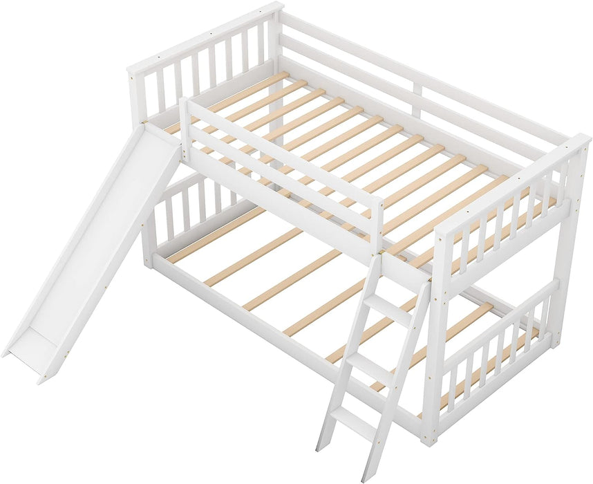 Solid Wood Low Twin over Twin Bunk Bed with Slide